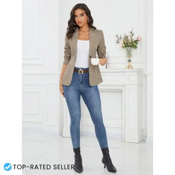 Plaid Blazer with Embroidered Collar Houndstooth Business Casual Office Jacket - Picture 6 of 7